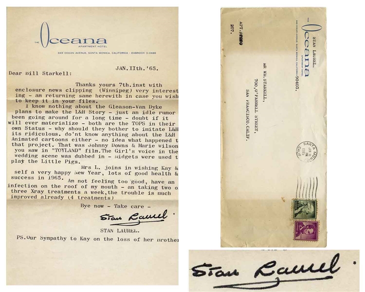 Stan Laurel Letter Signed 6 Weeks Before His Death -- ''...Am not feeling too good, have an infection on the roof of my mouth...''